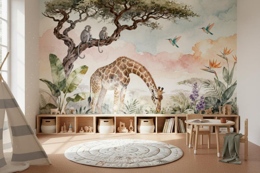 Safari Animal Pastel Watercolor Tropical Wallpaper – detail view, Golden Era Walls