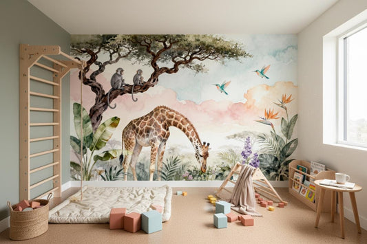 Safari Animal Pastel Watercolor Tropical Wallpaper – peel and stick wallpaper mural, Golden Era Walls