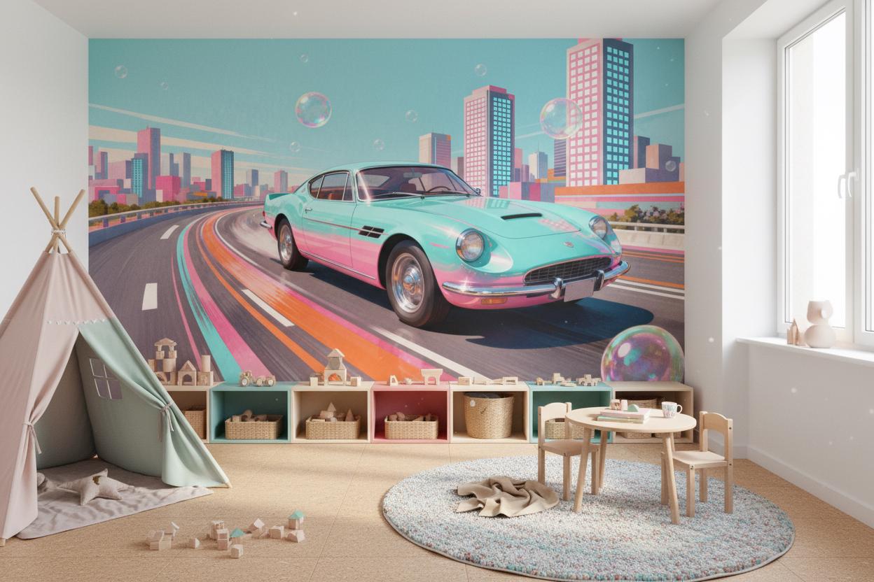 Retro Cityscape Teal Pink Wallpaper – detail view, Golden Era Walls