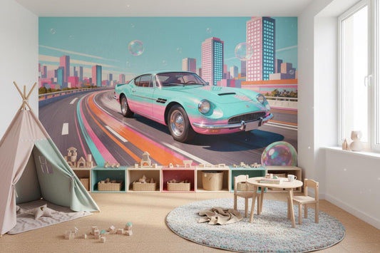 Retro Cityscape Teal Pink Wallpaper – detail view, Golden Era Walls