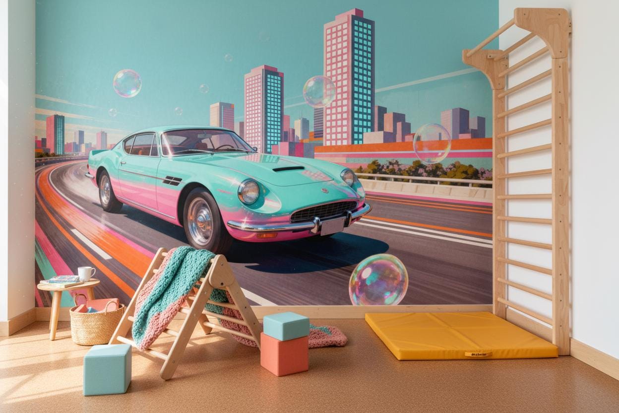 Retro Cityscape Teal Pink Wallpaper – room setting, Golden Era Walls