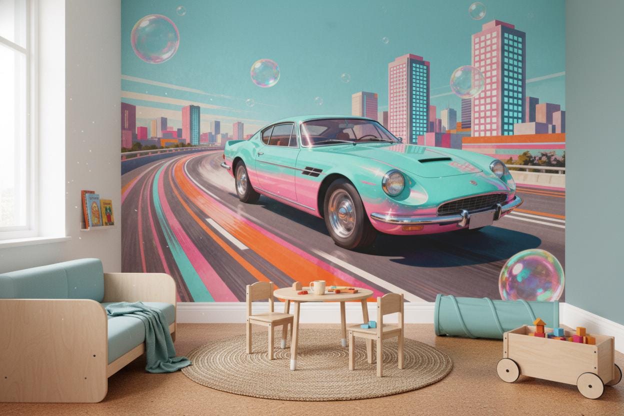 Retro Cityscape Teal Pink Wallpaper – alternate view, Golden Era Walls