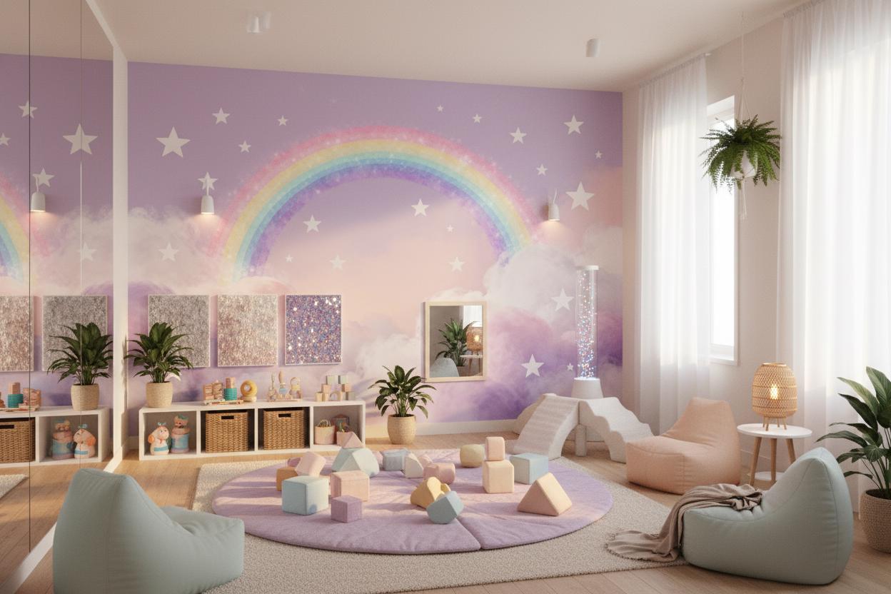 Rainbow Stars Pastel Cloud Wallpaper – alternate view, Golden Era Walls