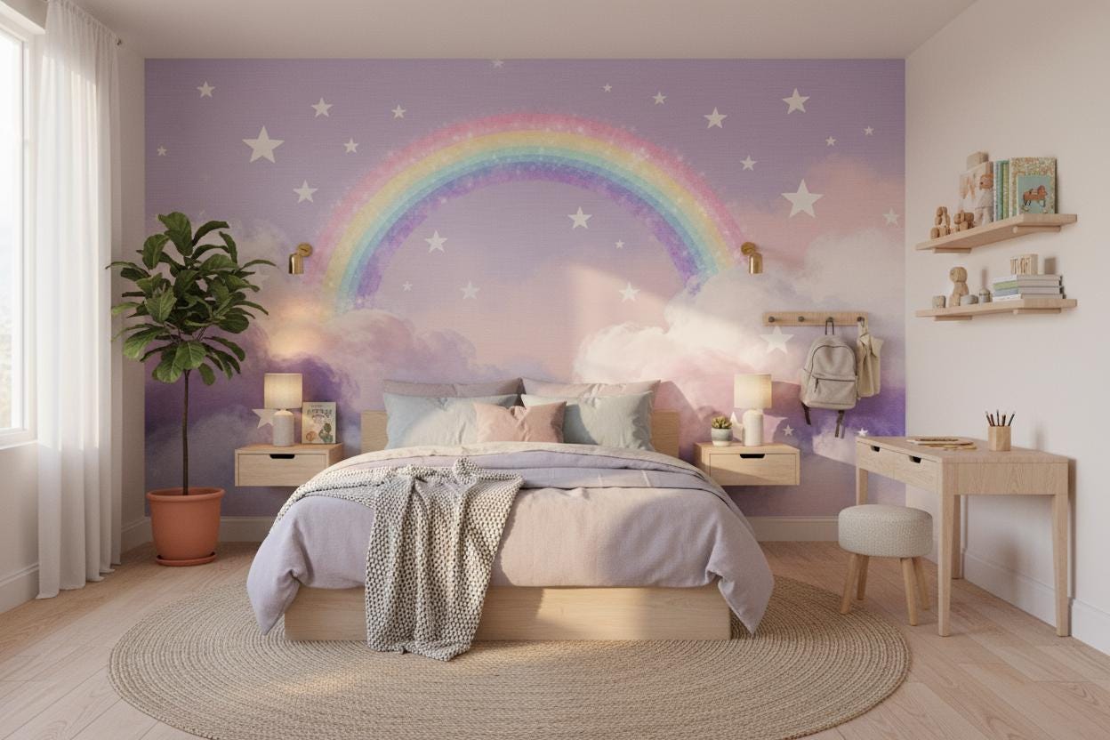 Rainbow Stars Pastel Cloud Wallpaper – room setting, Golden Era Walls