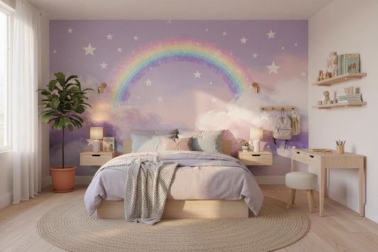 Rainbow Stars Pastel Cloud Wallpaper – room setting, Golden Era Walls