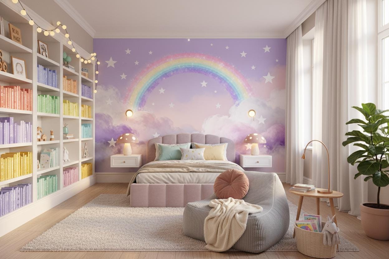 Rainbow Stars Pastel Cloud Wallpaper – peel and stick wallpaper mural, Golden Era Walls