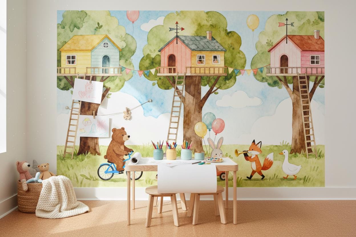 Woodland Animals Treehouse Watercolor Wallpaper – alternate view, Golden Era Walls