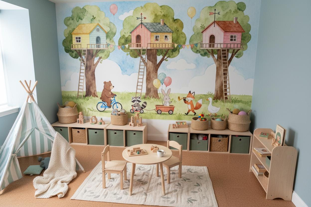 Woodland Animals Treehouse Watercolor Wallpaper – detail view, Golden Era Walls