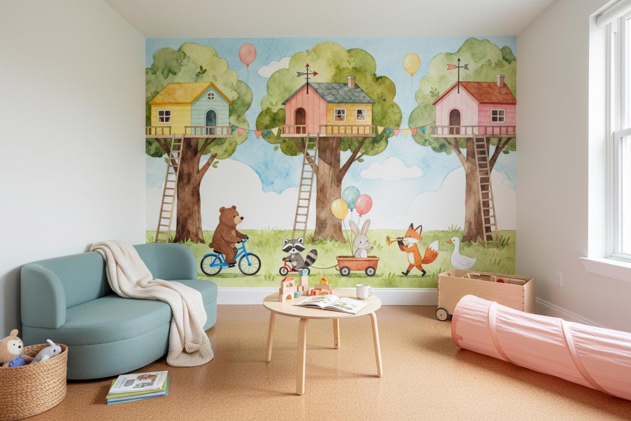 Woodland Animals Treehouse Watercolor Wallpaper – scale reference, Golden Era Walls