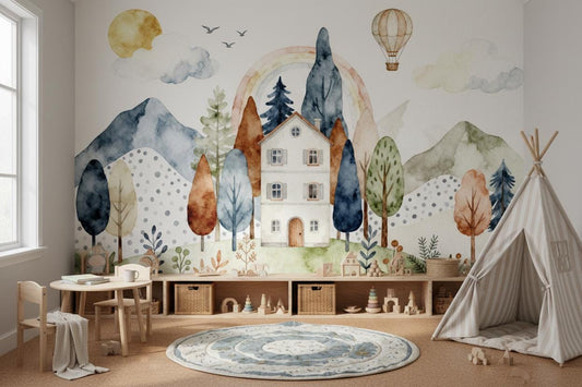 Whimsical Watercolor Forest Pastel Wallpaper – detail view, Golden Era Walls