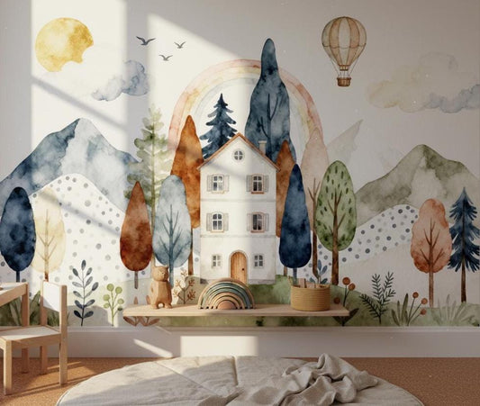 Whimsical Watercolor Forest Pastel Wallpaper – lifestyle view, Golden Era Walls