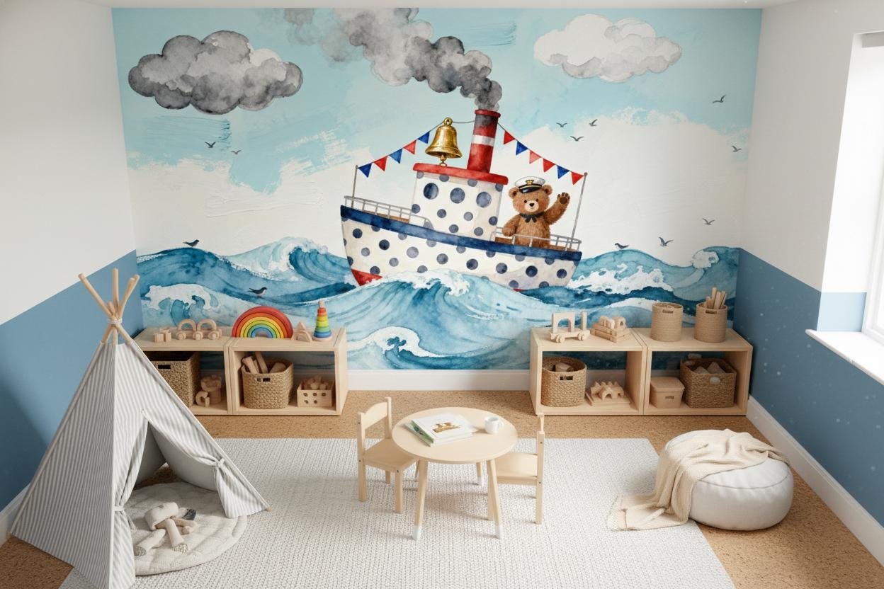Whimsical Nautical Bear Boat Coastal Wallpaper – lifestyle view, Golden Era Walls