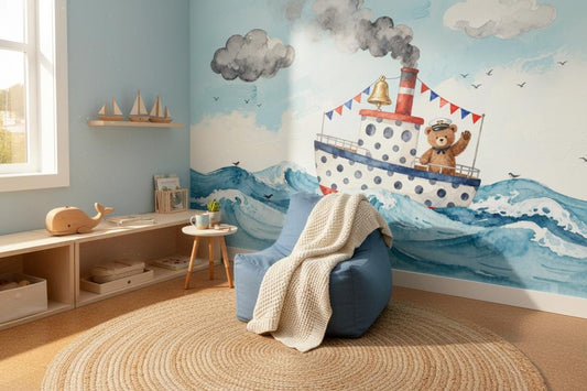 Whimsical Nautical Bear Boat Coastal Wallpaper – detail view, Golden Era Walls