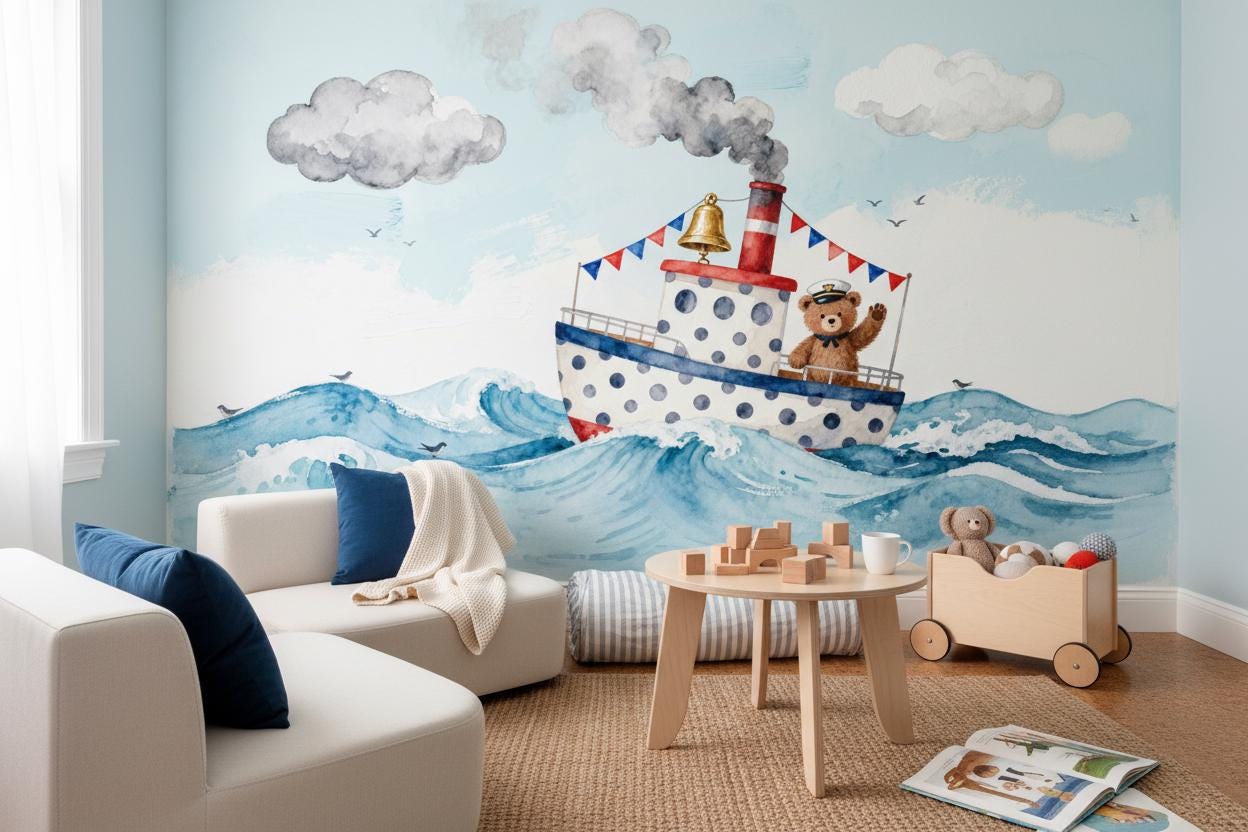 Whimsical Nautical Bear Boat Coastal Wallpaper – scale reference, Golden Era Walls