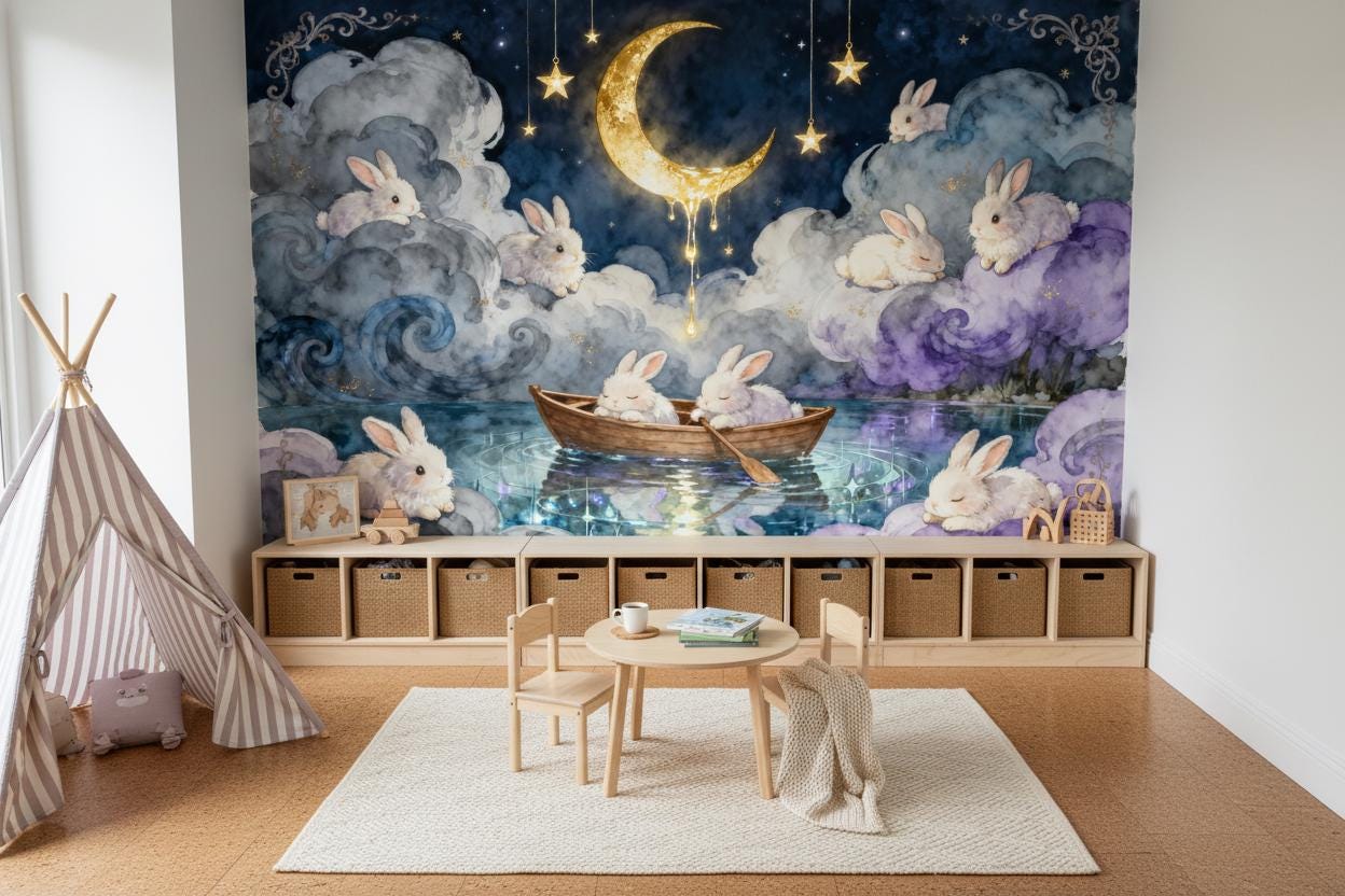 Whimsical Moon Bunny Celestial Wallpaper – alternate view, Golden Era Walls