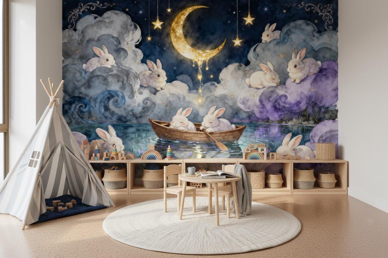 Whimsical Moon Bunny Celestial Wallpaper – peel and stick wallpaper mural, Golden Era Walls