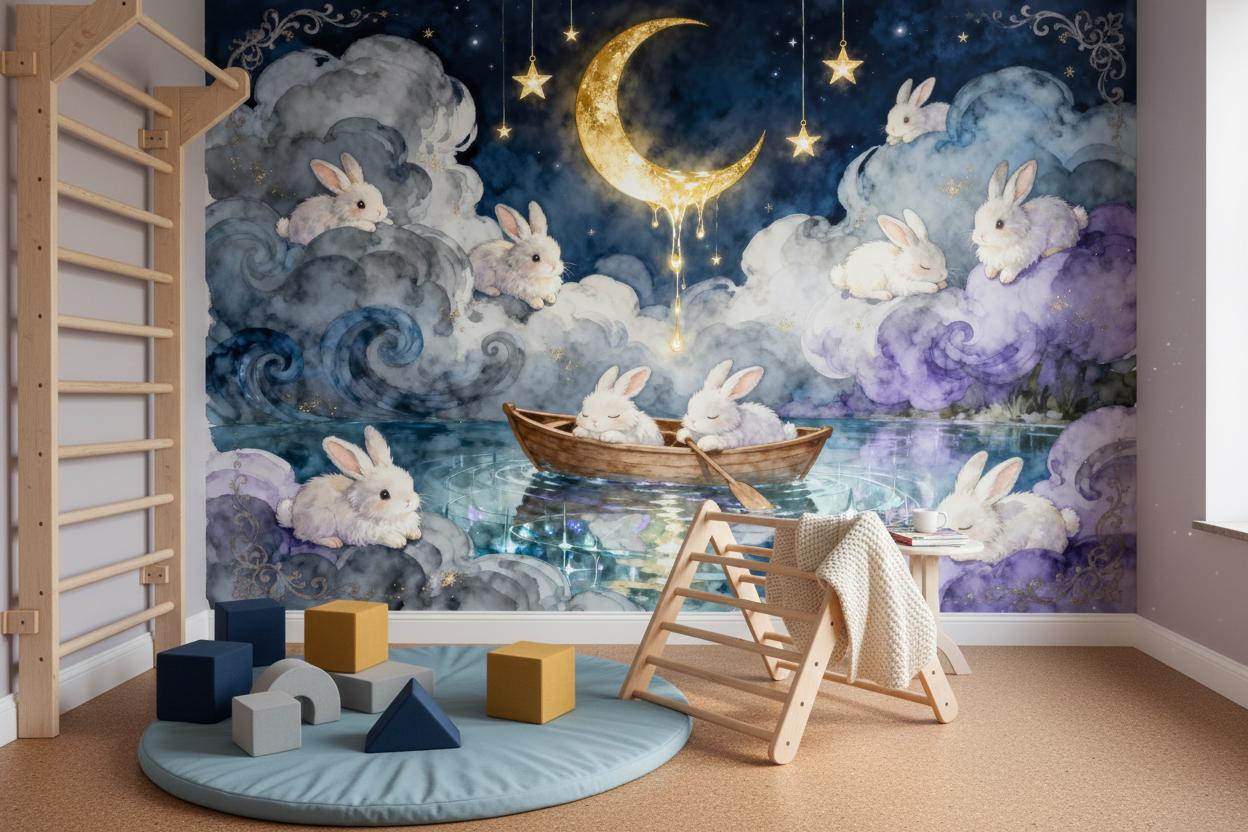 Whimsical Moon Bunny Celestial Wallpaper – scale reference, Golden Era Walls