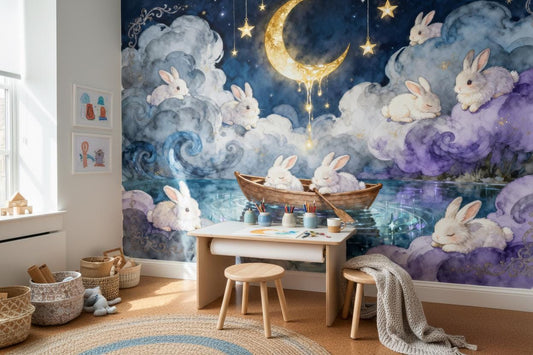 Whimsical Moon Bunny Celestial Wallpaper – room setting, Golden Era Walls