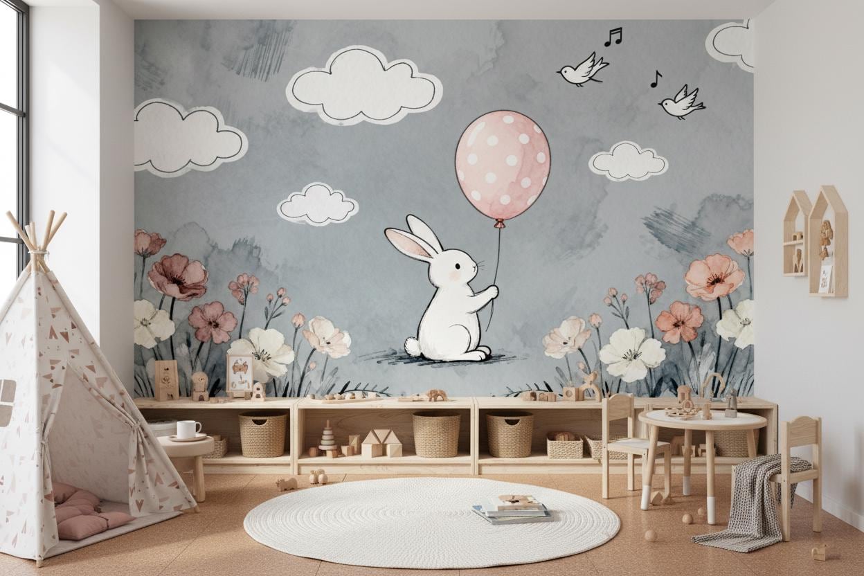 Bunny Grey Pink Watercolor Floral Wallpaper – lifestyle view, Golden Era Walls