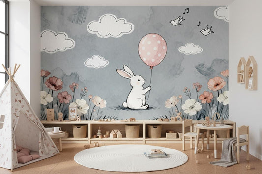 Bunny Grey Pink Watercolor Floral Wallpaper – lifestyle view, Golden Era Walls