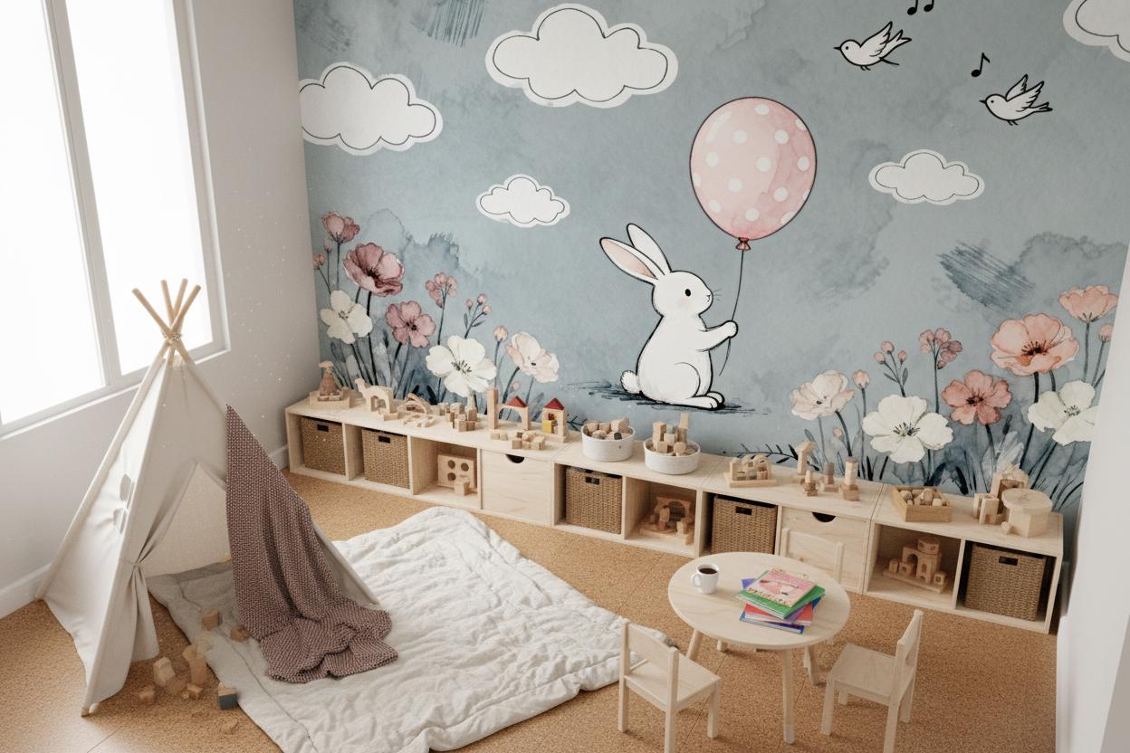 Bunny Grey Pink Watercolor Floral Wallpaper – detail view, Golden Era Walls