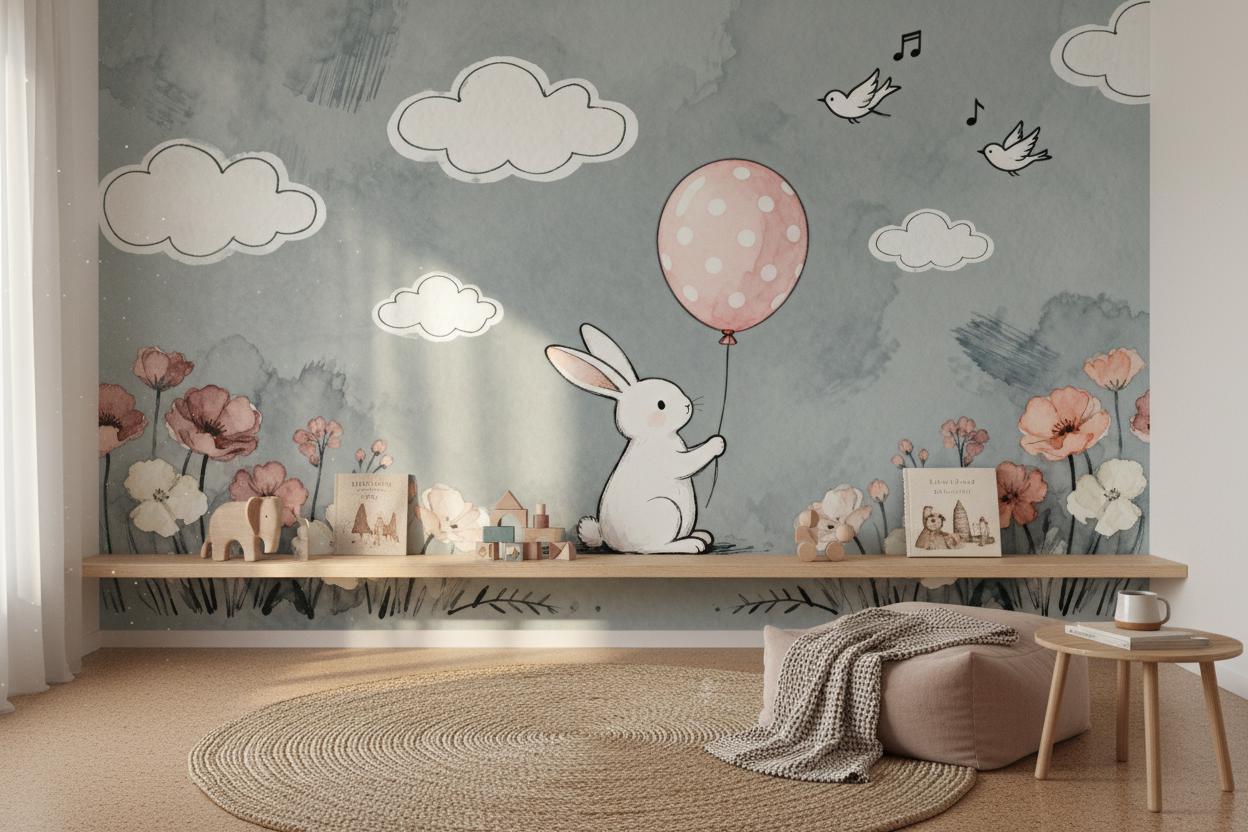 Bunny Grey Pink Watercolor Floral Wallpaper – scale reference, Golden Era Walls