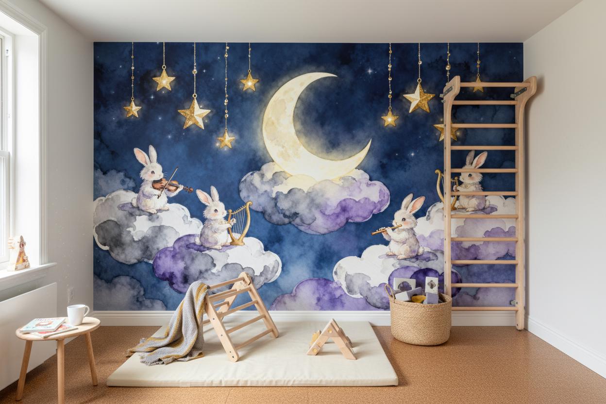 Dreamy Bunny Celestial Moon Wallpaper – room setting, Golden Era Walls