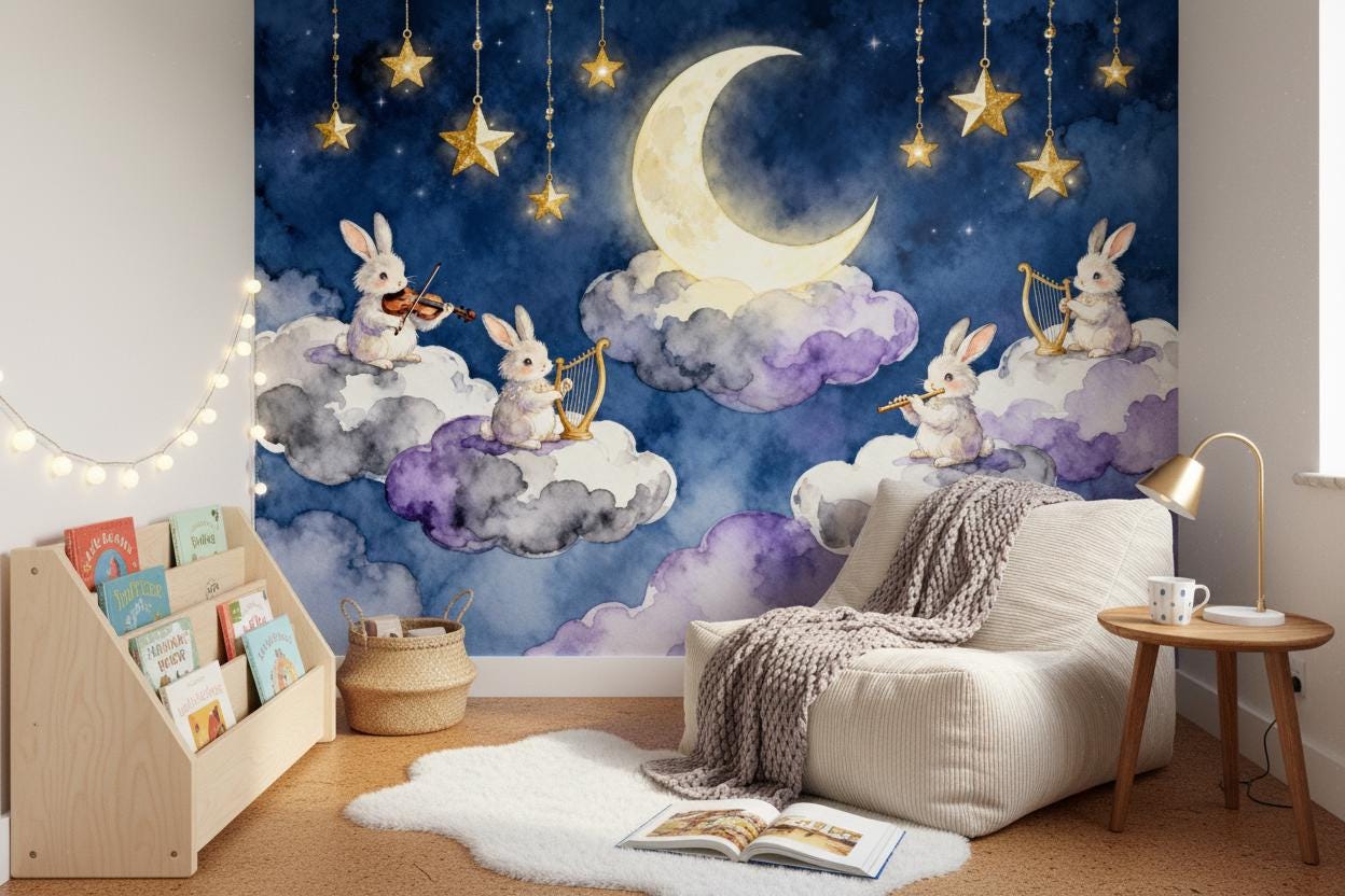 Dreamy Bunny Celestial Moon Wallpaper – alternate view, Golden Era Walls
