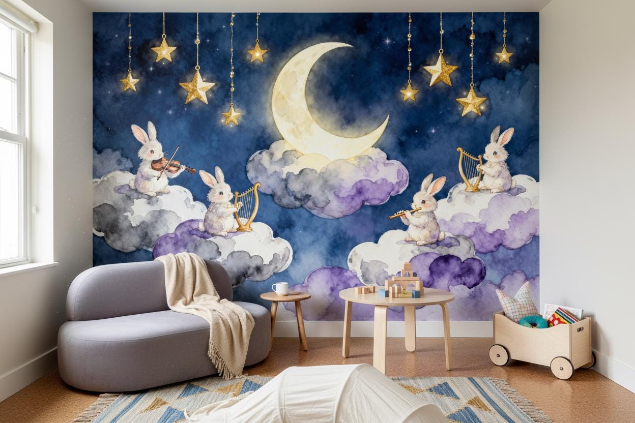 Dreamy Bunny Celestial Moon Wallpaper – scale reference, Golden Era Walls