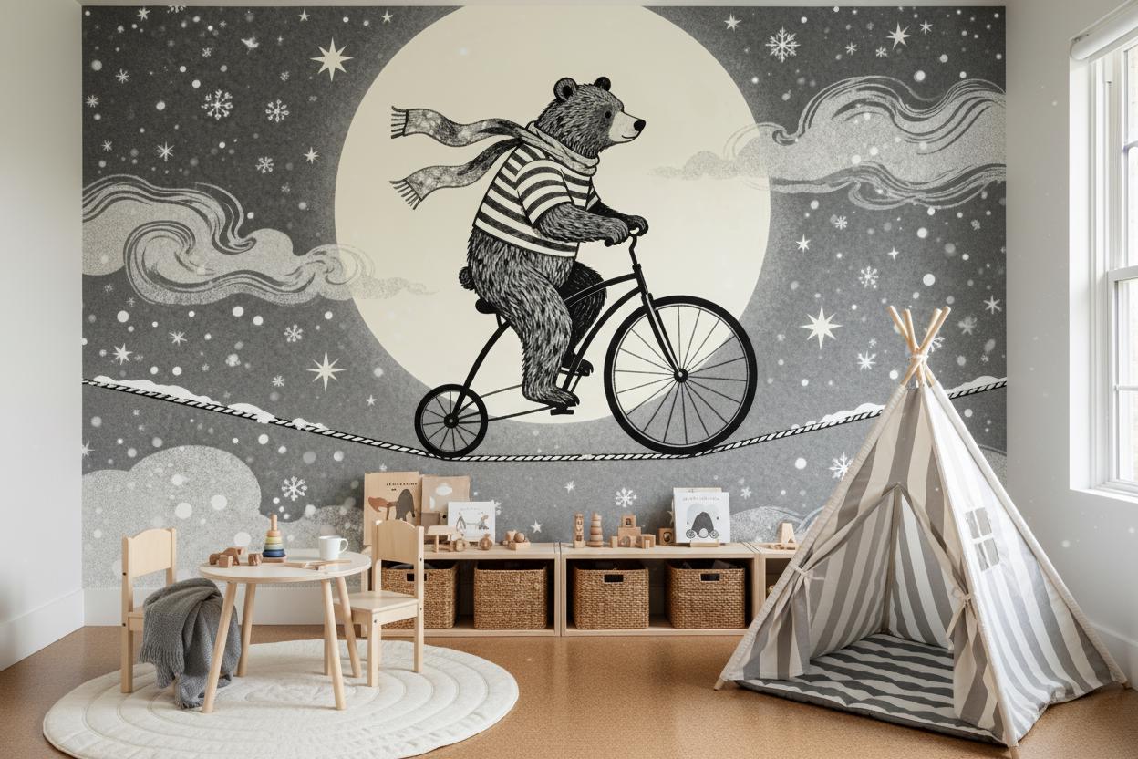Enchanting Bear Unicycle Dreamy Wallpaper – detail view, Golden Era Walls