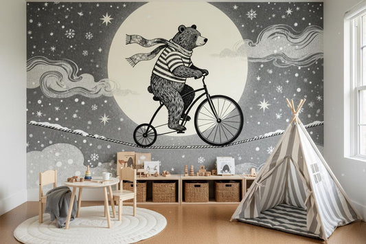Enchanting Bear Unicycle Dreamy Wallpaper – detail view, Golden Era Walls