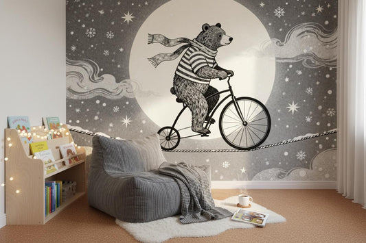 Enchanting Bear Unicycle Dreamy Wallpaper – peel and stick wallpaper mural, Golden Era Walls
