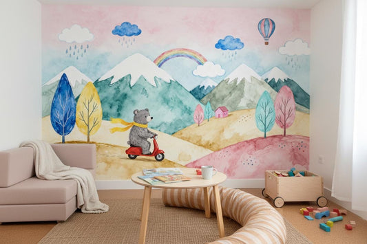 Adorable Bear Riding Scooter Wallpaper – lifestyle view, Golden Era Walls
