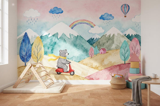 Adorable Bear Riding Scooter Wallpaper – detail view, Golden Era Walls
