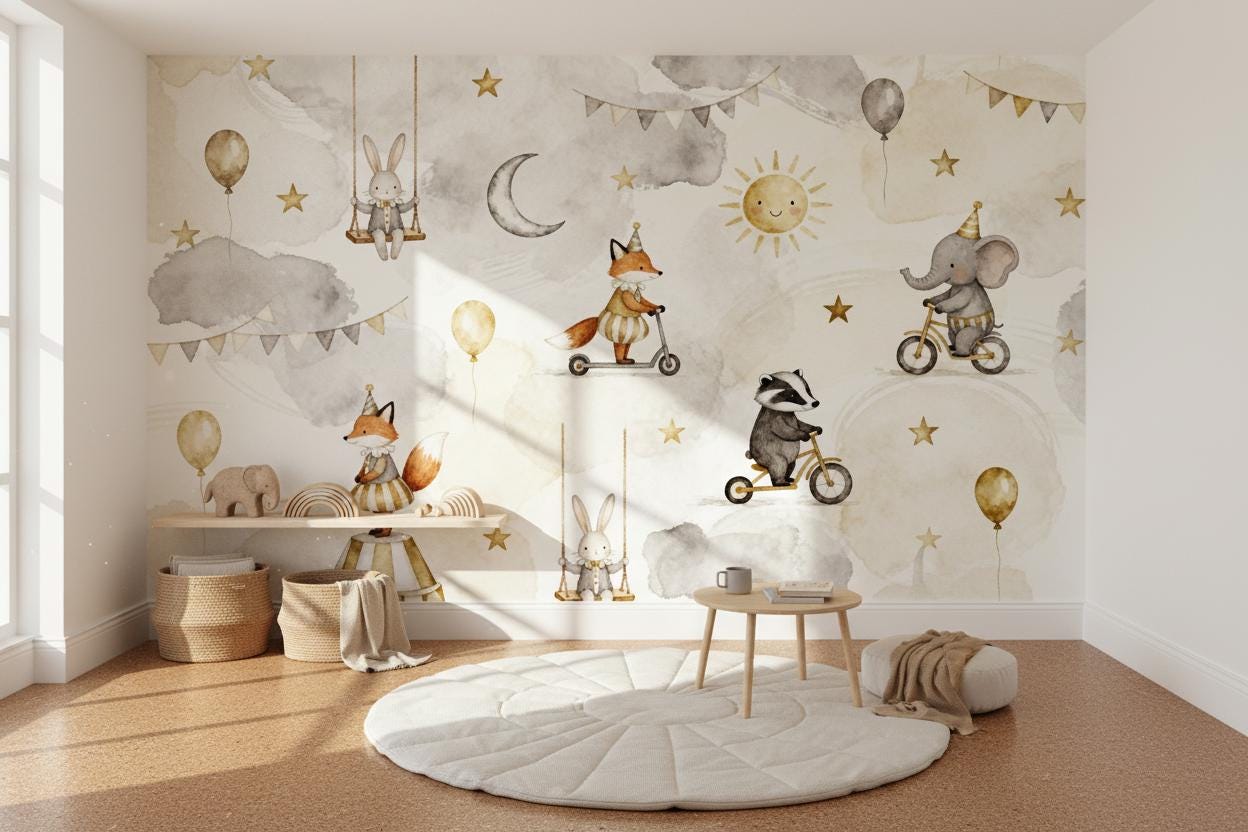 Whimsical Gray Gold Watercolor Wallpaper – scale reference, Golden Era Walls