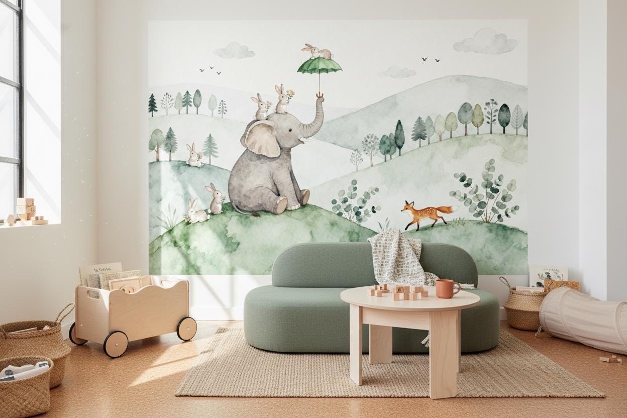 Watercolor Woodland Animals Green Wallpaper – lifestyle view, Golden Era Walls