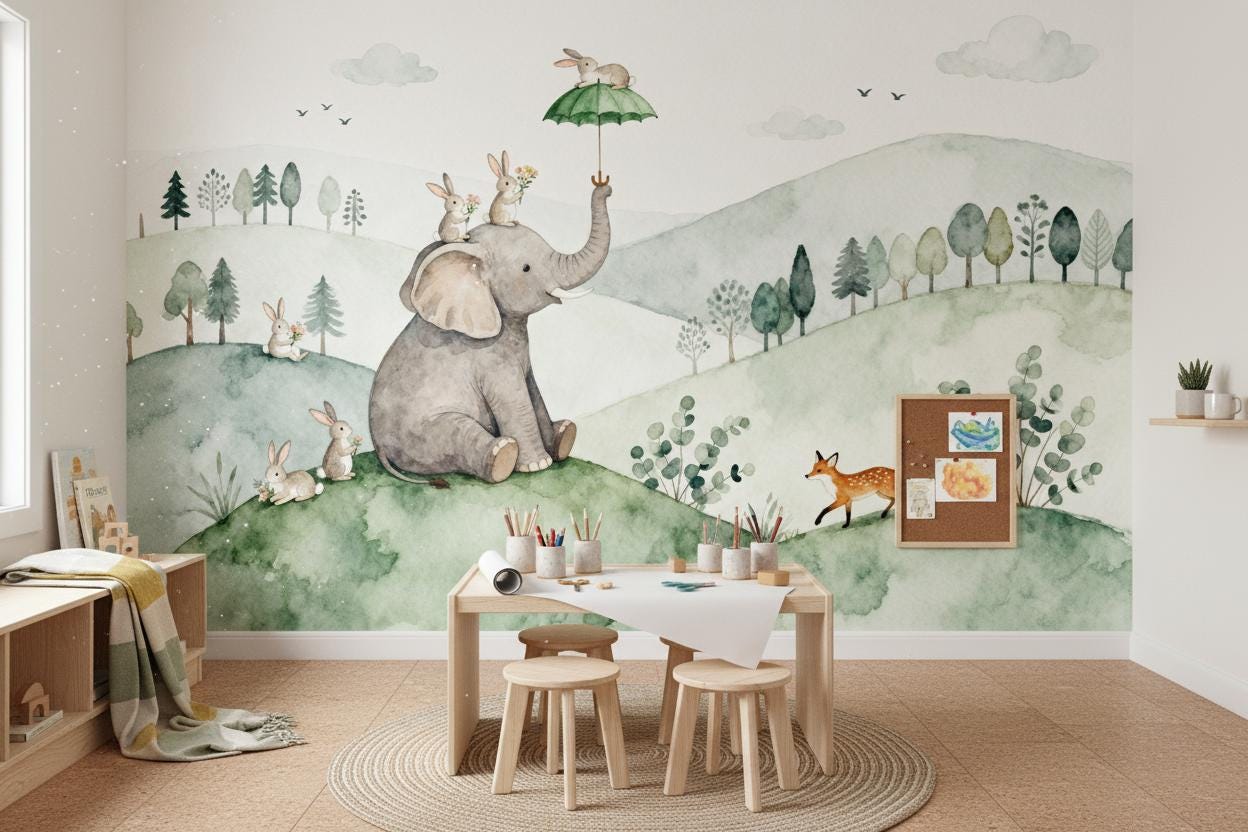 Watercolor Woodland Animals Green Wallpaper – peel and stick wallpaper mural, Golden Era Walls