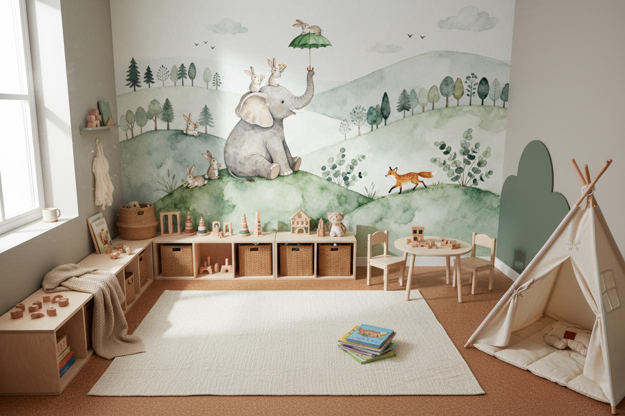 Watercolor Woodland Animals Green Wallpaper – scale reference, Golden Era Walls