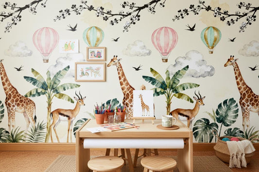 Watercolor Safari Giraffe Hot Tropical Wallpaper – room setting, Golden Era Walls