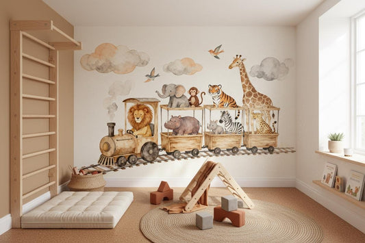 Watercolor Woodland Animals Green Tropical Wallpaper – peel and stick wallpaper mural, Golden Era Walls