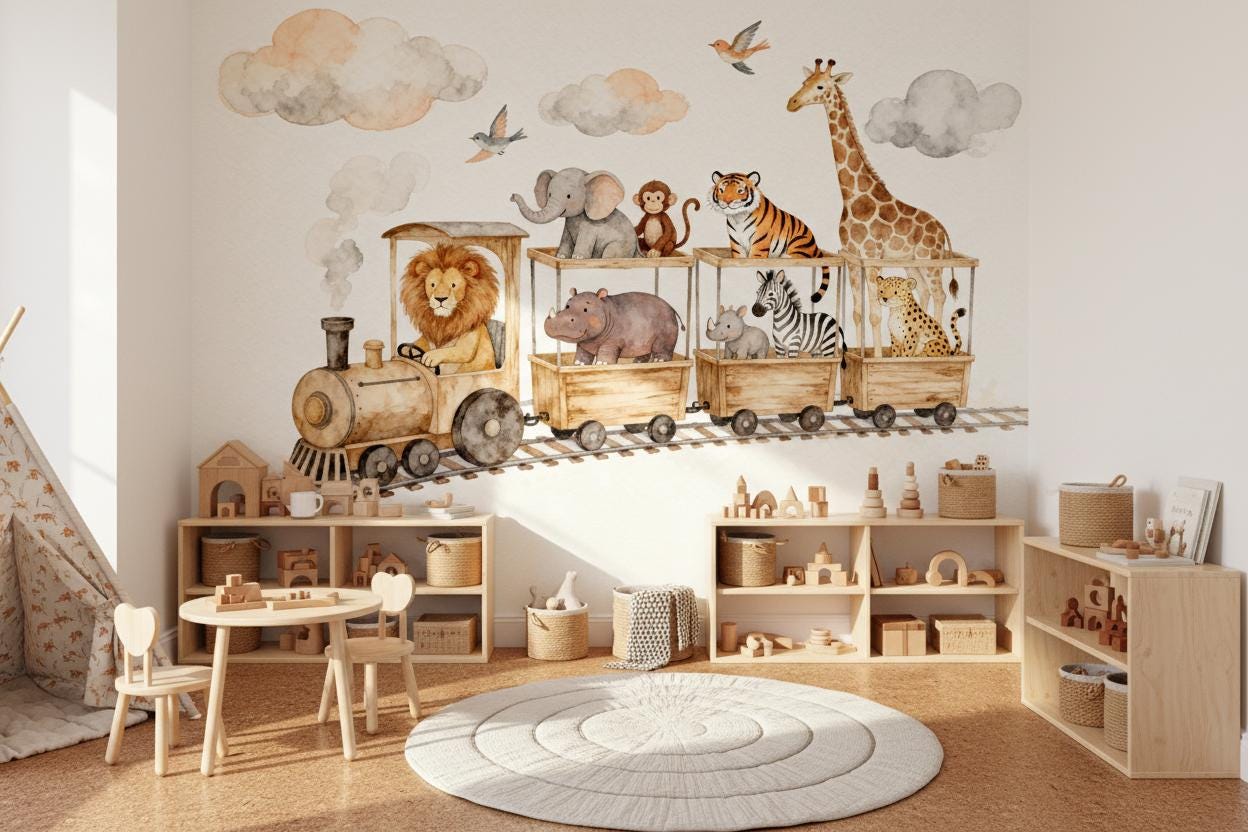 Watercolor Woodland Animals Green Tropical Wallpaper – room setting, Golden Era Walls