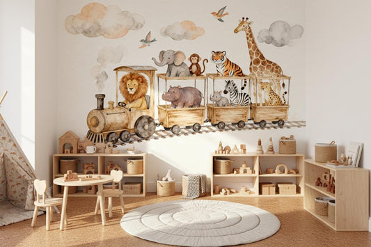 Watercolor Woodland Animals Green Tropical Wallpaper – room setting, Golden Era Walls