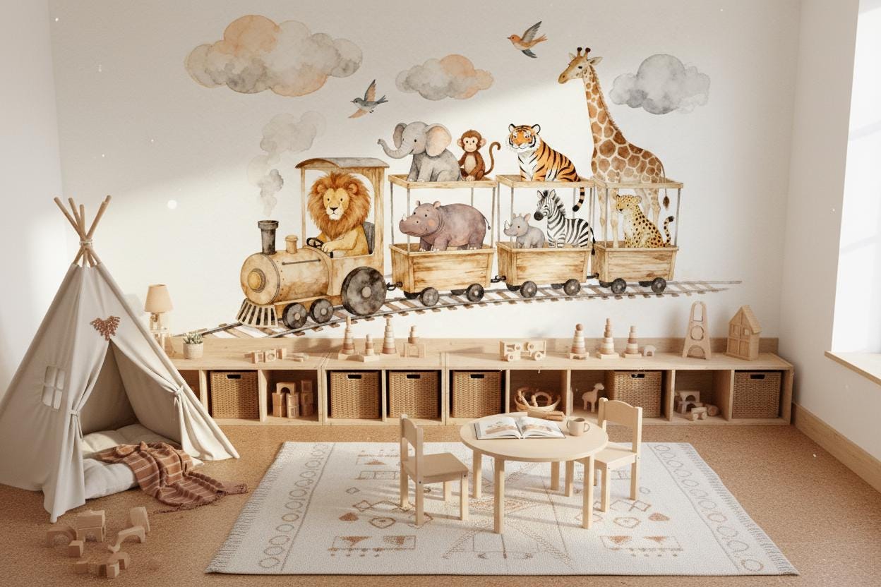 Watercolor Woodland Animals Green Tropical Wallpaper – scale reference, Golden Era Walls