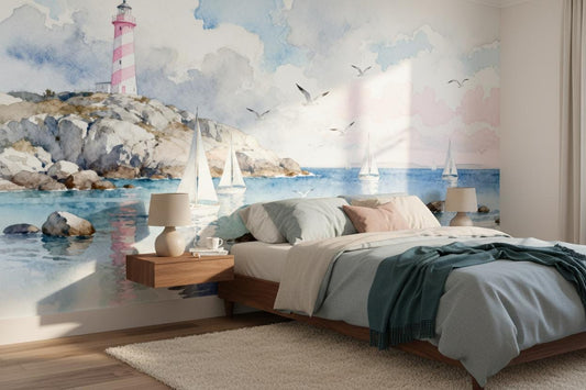 Watercolor Lighthouse Coastal Blue Coastal Wallpaper – peel and stick wallpaper mural, Golden Era Walls