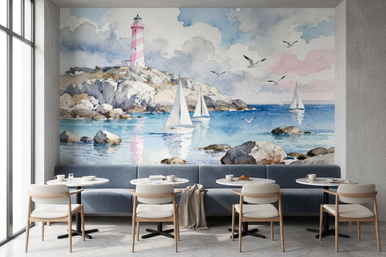 Watercolor Lighthouse Coastal Blue Coastal Wallpaper – room setting, Golden Era Walls