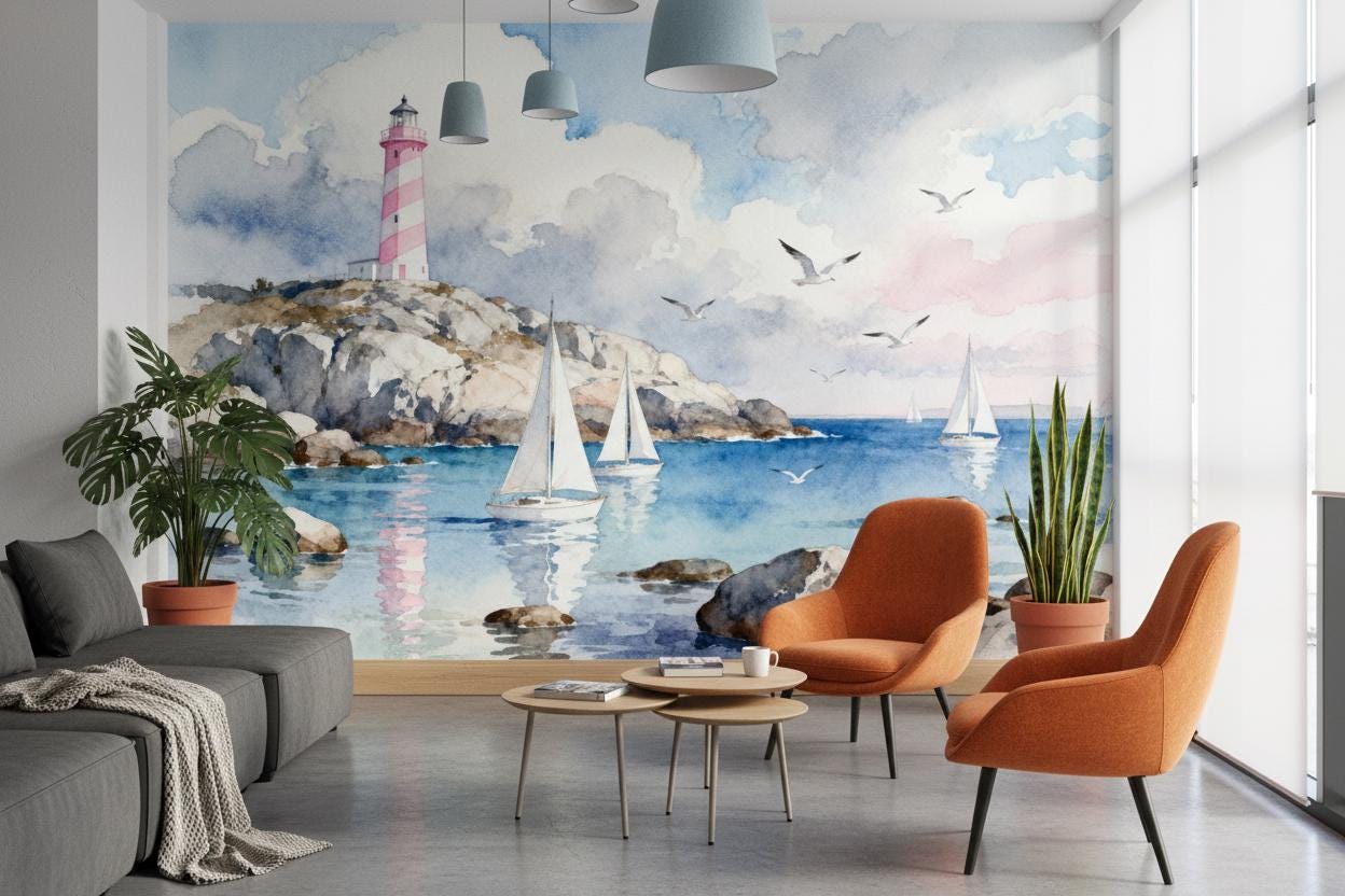 Watercolor Lighthouse Coastal Blue Coastal Wallpaper – detail view, Golden Era Walls