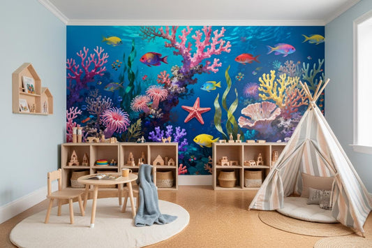 Vibrant Underwater Coral Reef Tropical Wallpaper – lifestyle view, Golden Era Walls