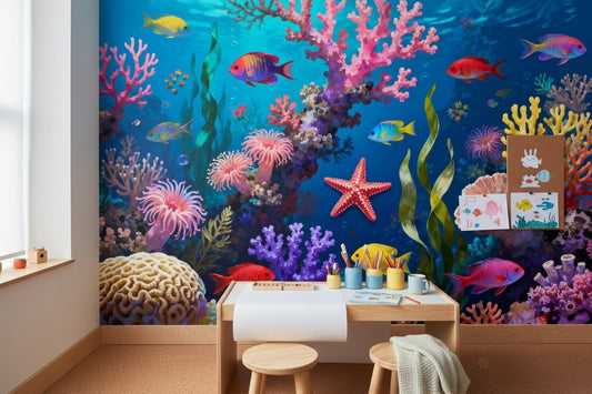 Vibrant Underwater Coral Reef Tropical Wallpaper – peel and stick wallpaper mural, Golden Era Walls