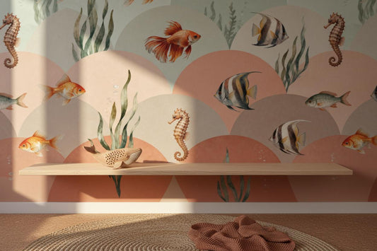 Underwater Fish Watercolor Green Coastal Wallpaper – peel and stick wallpaper mural, Golden Era Walls
