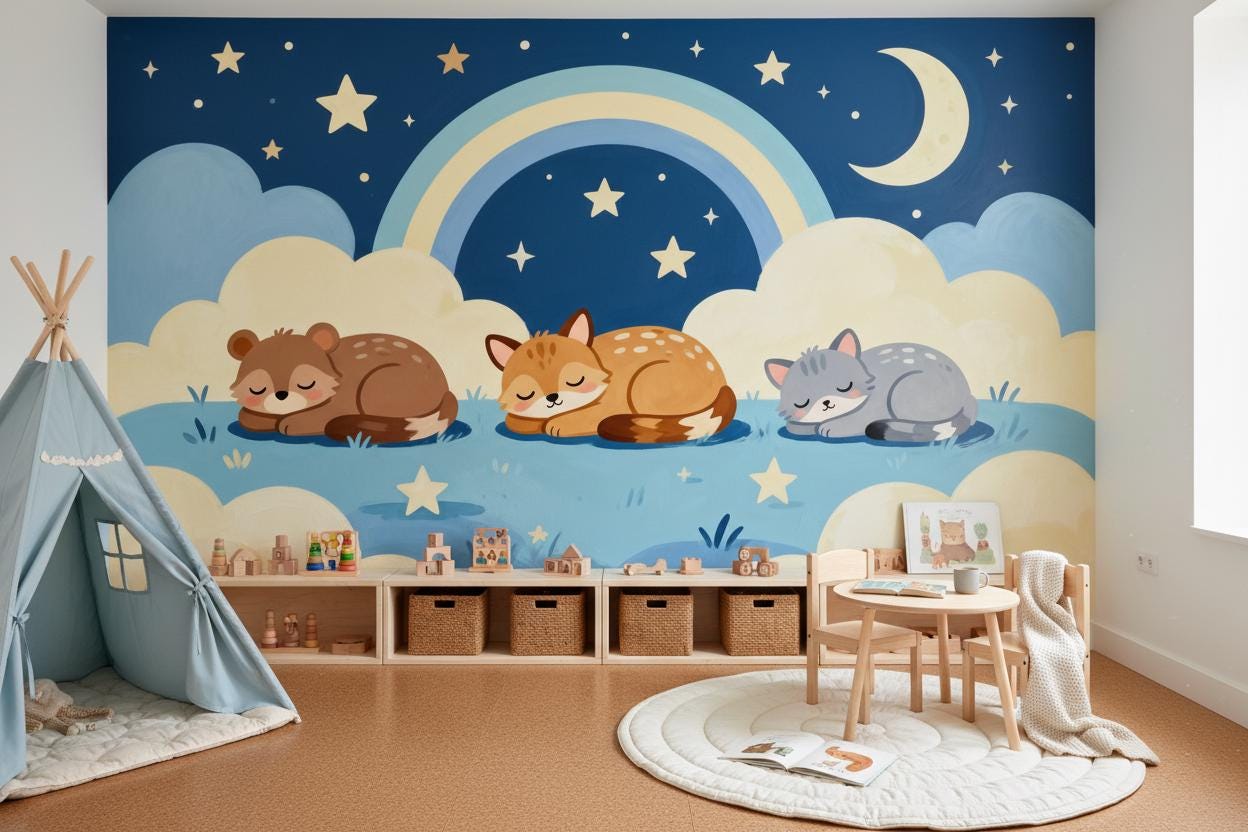 Woodland Animals Blue Rainbow Wallpaper – peel and stick wallpaper mural, Golden Era Walls
